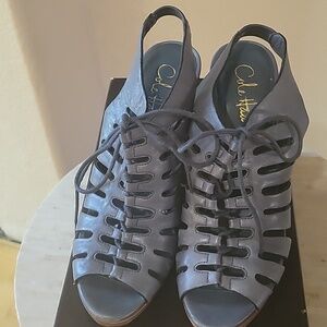Cole Haan Blue Cutout Lace-Up Slingback Wedge Heels  SIZE 6.5 B